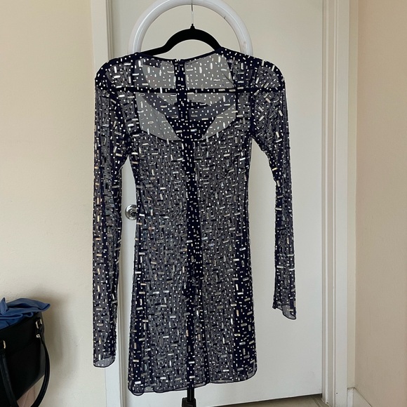 Sheer Embellished Long Sleeve A-Line Mini Dress in Navy - Picture 8 of 11